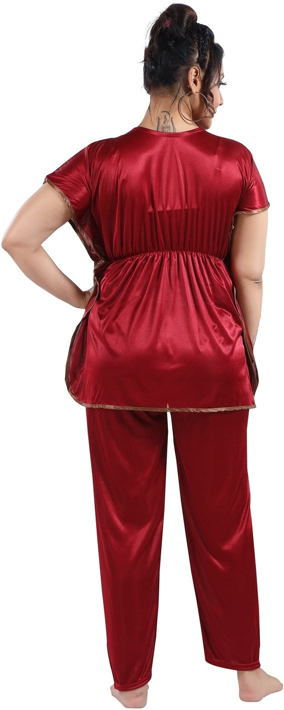 Fabme Women's Maroon Plain Satin EveryDay  Top and Pyjama Set