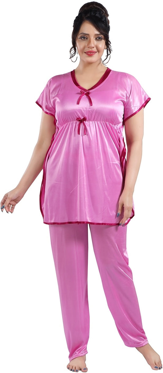 Fabme Women's Pink Plain Satin EveryDay  Top and Pyjama Set