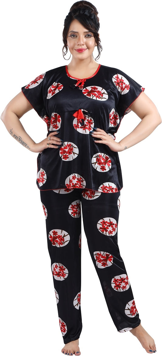 Fabme Women's Black Printed Satin EveryDay  Top and Pyjama Set