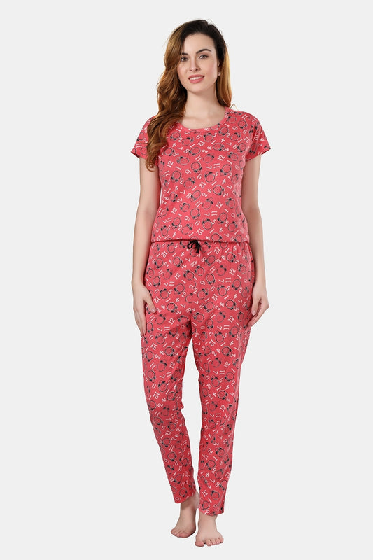 Fabme Women's Peach Printed Pure Cotton EveryDay  Top and Pyjama Set