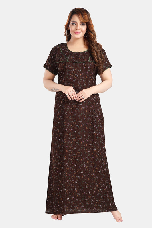 Fabme Women's Chocolate Horizontal Zip Alpine Cotton Full Length Maternity Night Dress Nighty