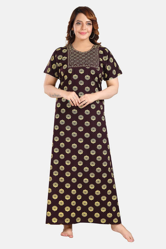 Fabme Women's Purple Mirror Work Cotton Full Length EveryDay Night Dress Nighty