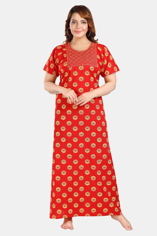 Fabme Women's Red Mirror Work Cotton Full Length EveryDay Night Dress Nighty