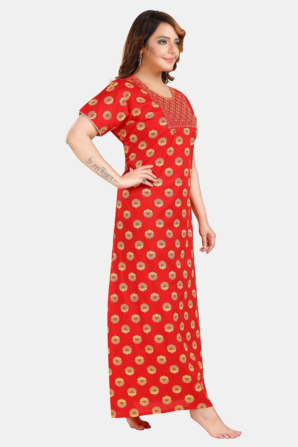 Fabme Women's Red Mirror Work Cotton Full Length EveryDay Night Dress Nighty