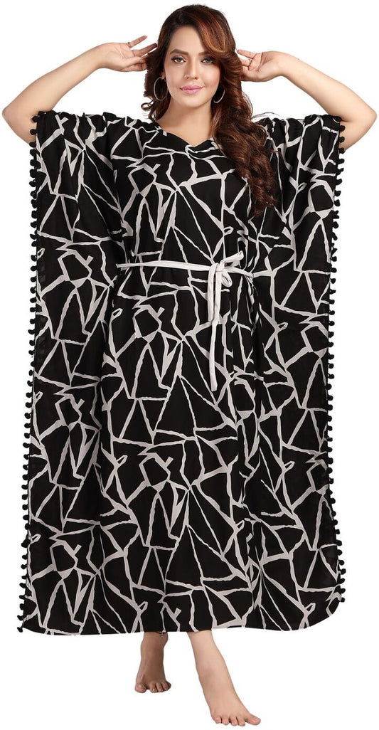 Fabme Women's Black Rich Kaftan, Tassel Border Rayon Full Length EveryDay Night Dress Nighty
