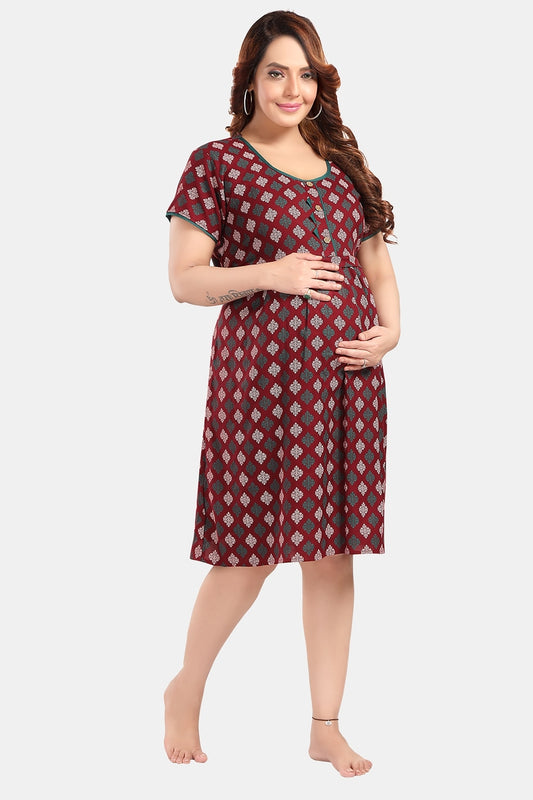 Fabme Women's Maroon Horizontal Zip Alpine Cotton Knee Length Maternity Night Dress Nighty