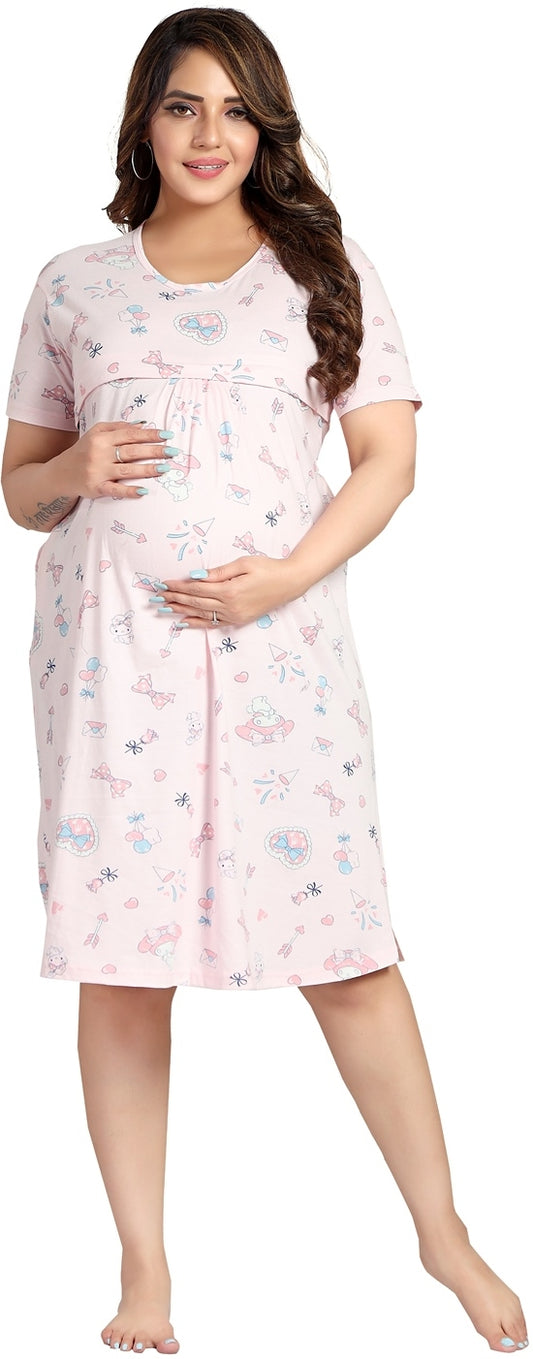 Fabme Women's Pink Horizontal Zip Pure Cotton Knee Length Maternity Night Dress Nighty