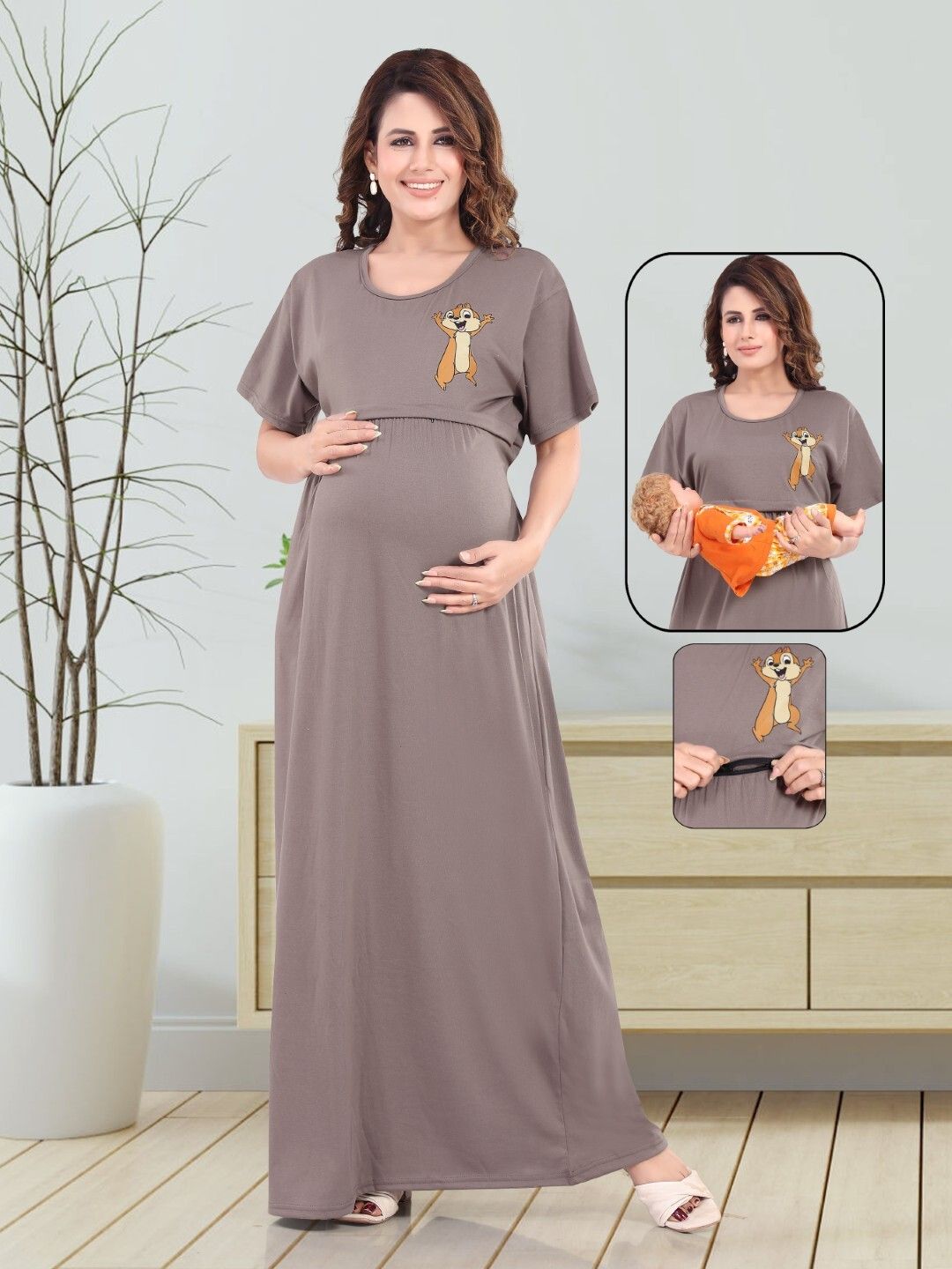 Fabme Women's Full Length Printed Pre and Post Pregnancy Pure Cotton Nursing Nightdress Nighty - Coffee Brown