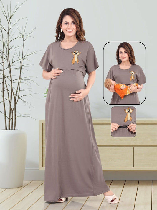 Fabme Women's Full Length Printed Pre and Post Pregnancy Pure Cotton Nursing Nightdress Nighty - Coffee Brown