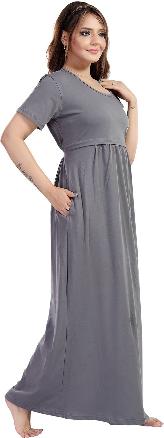 Fabme Women's Full Length Printed Pre and Post Pregnancy Pure Cotton Nursing Nightdress Nighty - Grey
