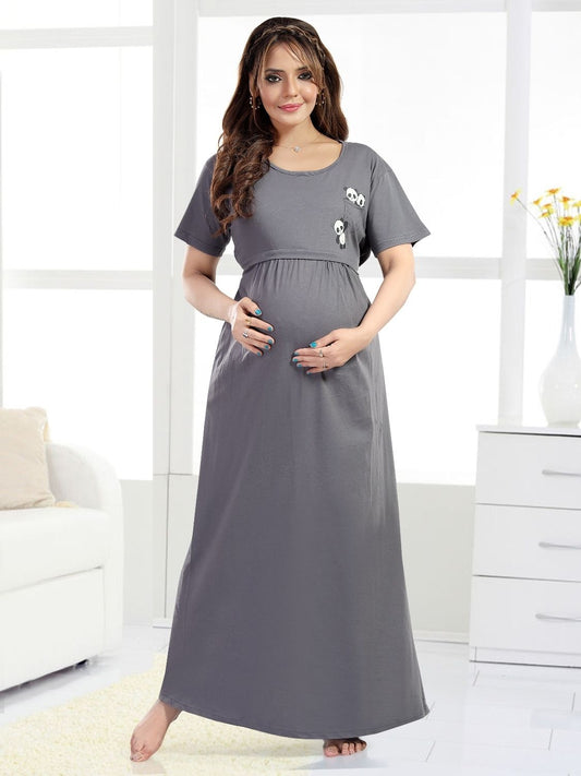 Fabme Women's Full Length Printed Pre and Post Pregnancy Pure Cotton Nursing Nightdress Nighty - Grey