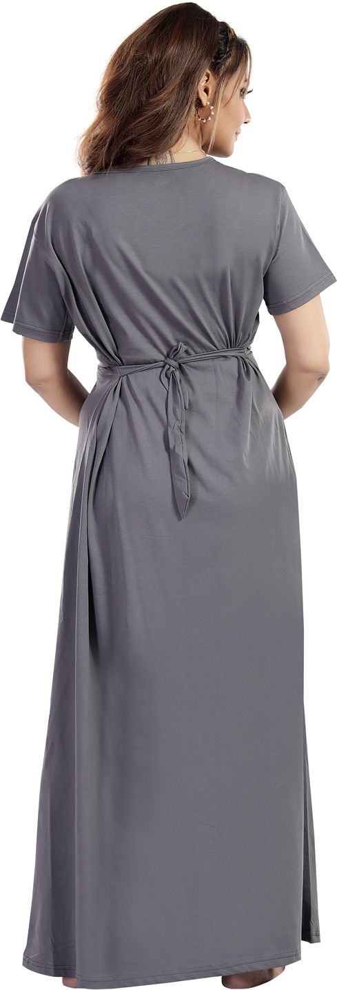Fabme Women's Full Length Printed Pre and Post Pregnancy Pure Cotton Nursing Nightdress Nighty - Grey