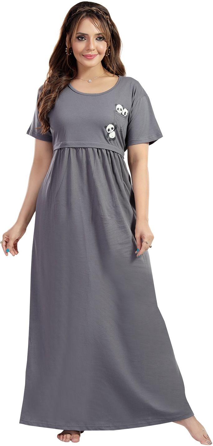 Fabme Women's Full Length Printed Pre and Post Pregnancy Pure Cotton Nursing Nightdress Nighty - Grey