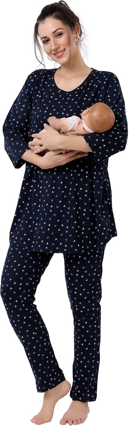 Fabme Women's Three Fourth Sleeves Pre and Post Pregnancy Nursing Night Suit, Navy Blue