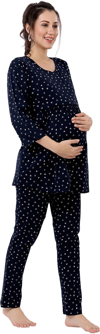 Fabme Women's Three Fourth Sleeves Pre and Post Pregnancy Nursing Night Suit, Navy Blue