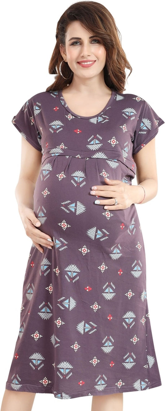Fabme Women's Pre and Post Pregnancy Below Knee Length Nursing Nighty - Purple