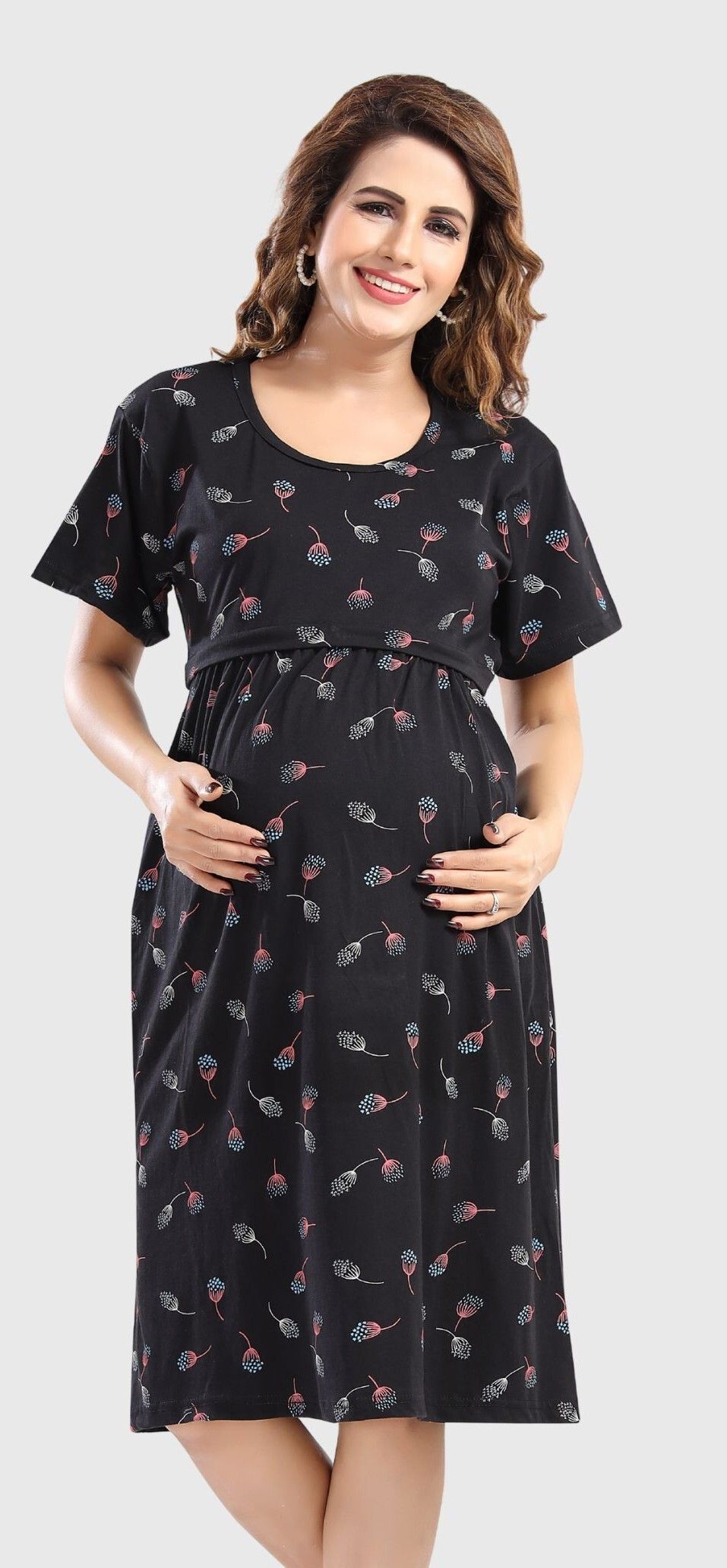 Fabme Women's Pre and Post Pregnancy Below Knee Length Nursing Nighty - Black