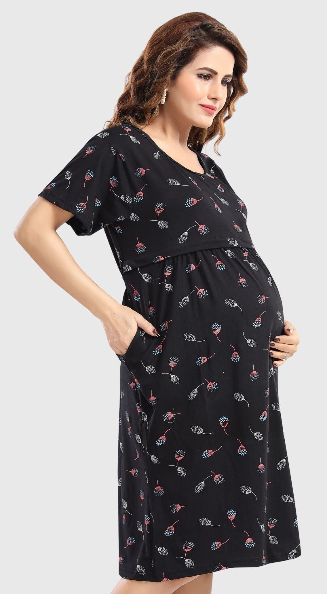 Fabme Women's Pre and Post Pregnancy Below Knee Length Nursing Nighty - Black