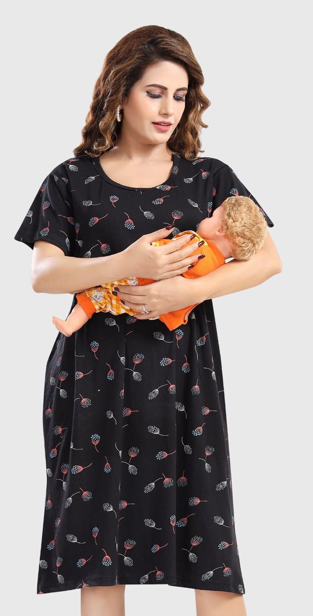 Fabme Women's Pre and Post Pregnancy Below Knee Length Nursing Nighty - Black