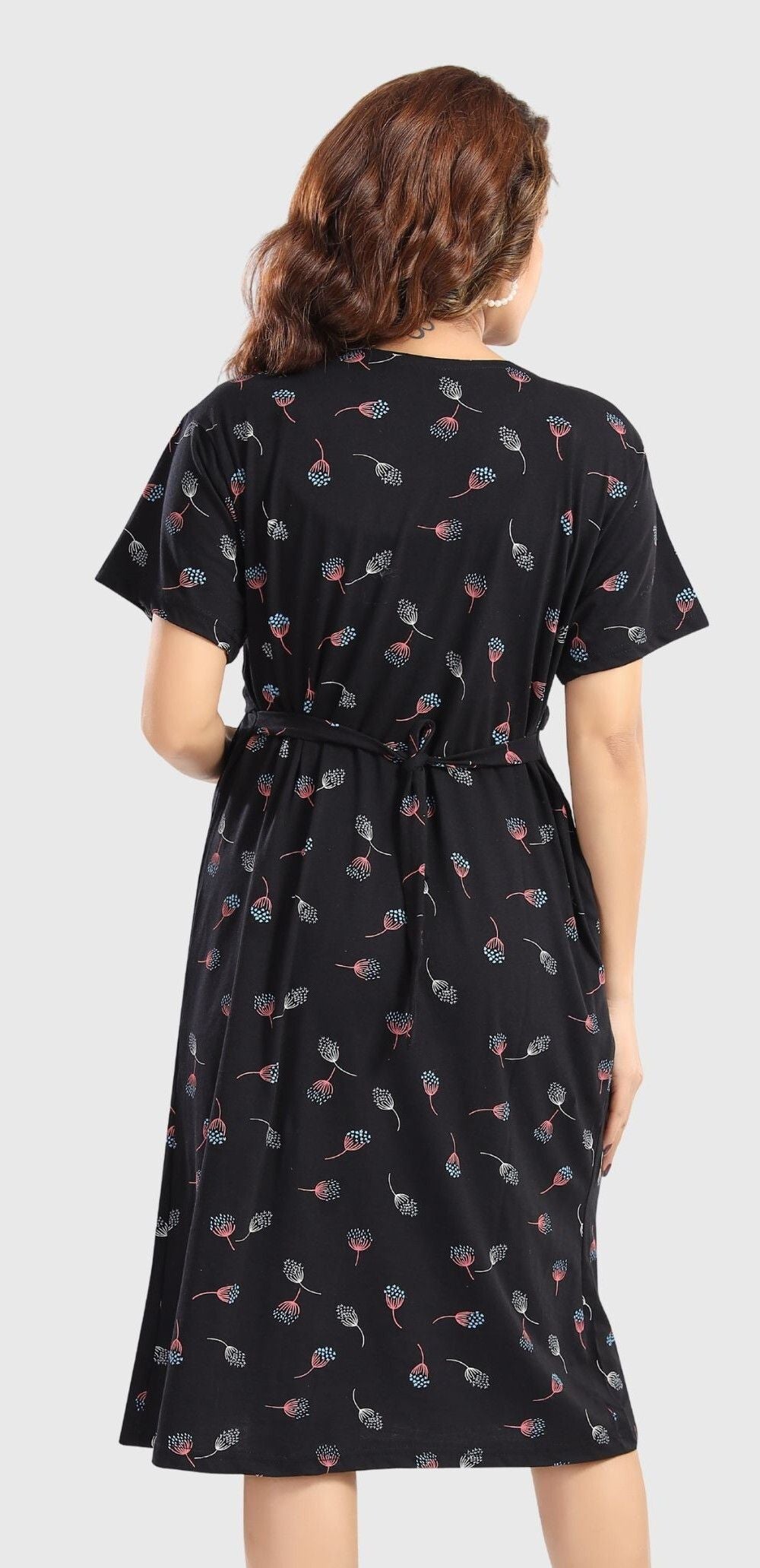 Fabme Women's Pre and Post Pregnancy Below Knee Length Nursing Nighty - Black