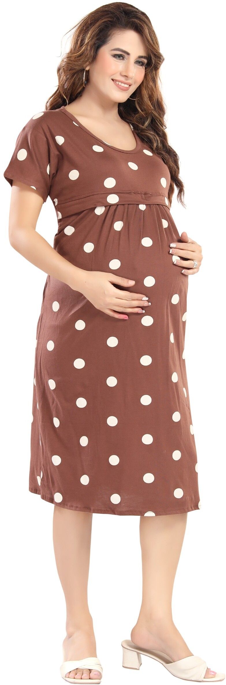 Fabme Women's Pre and Post Pregnancy Below Knee Length Nursing Nighty - Brown