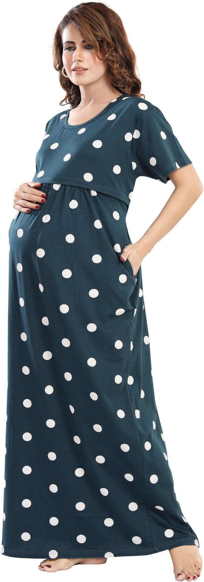 Fabme Women's Full Length Printed Pre and Post Pregnancy Pure Cotton Nursing Nightdress Nighty - Green