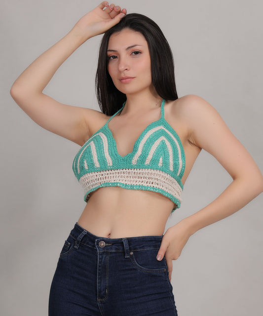 Fabme Women's Padded Crochet Halter Crop Top