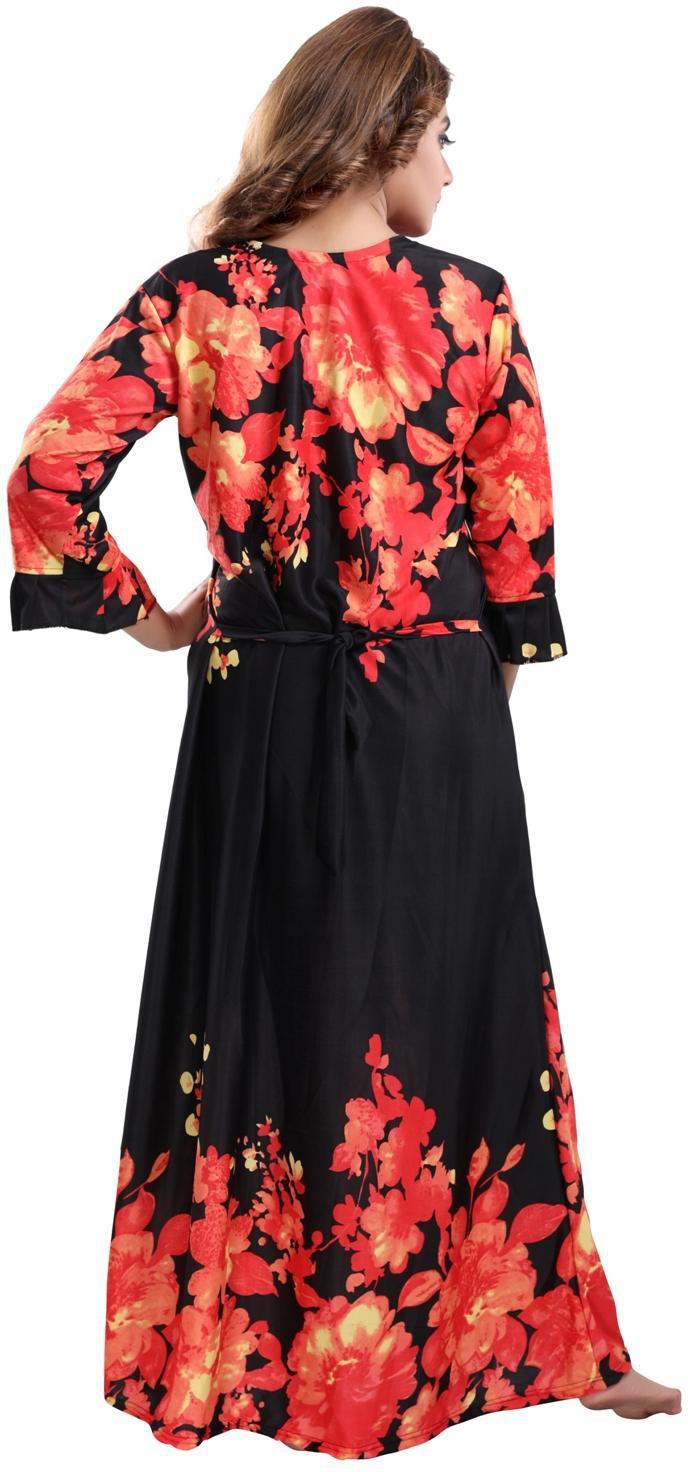 Fabme Women's Red Printed Sarina Satin / Polyester Full Length EveryDay Night Dress Nighty