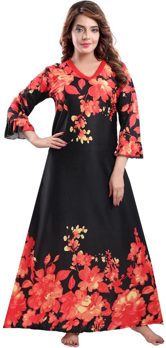 Fabme Women's Red Printed Sarina Satin / Polyester Full Length EveryDay Night Dress Nighty