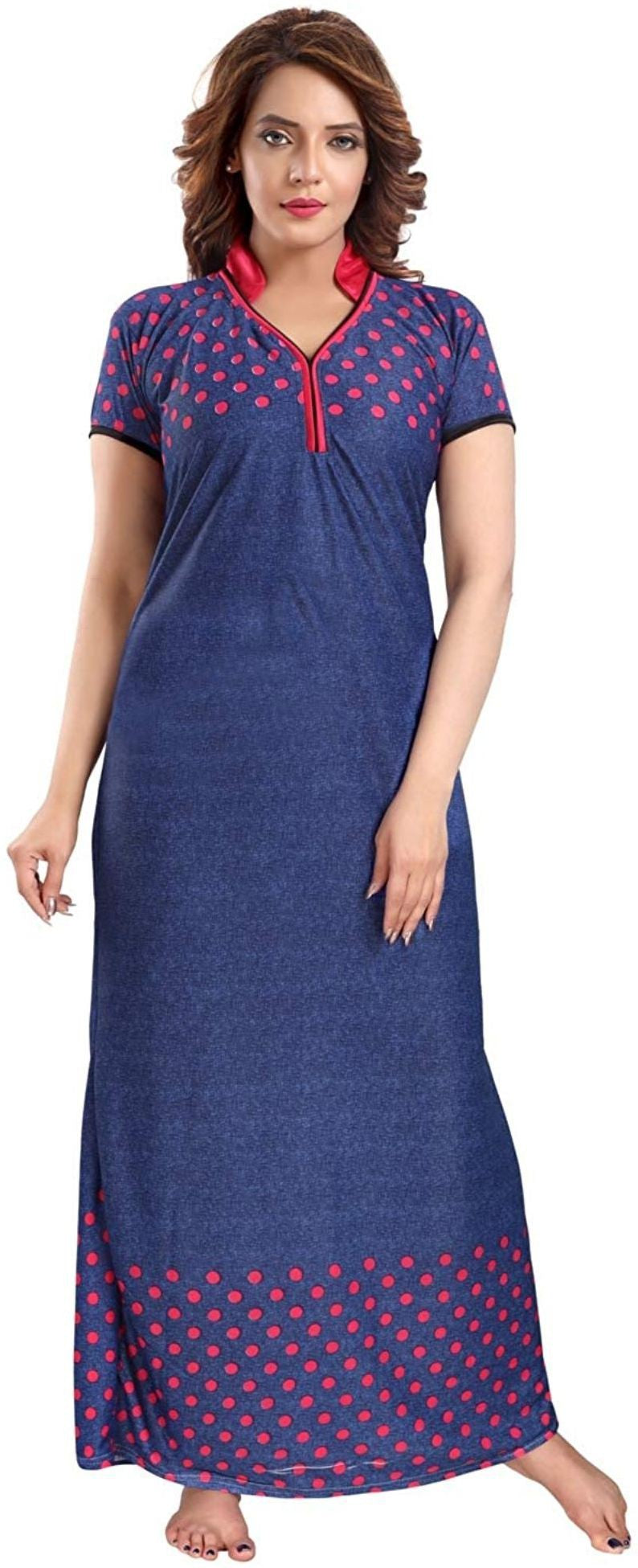 Fabme Women's Dark Pink Printed Sarina Satin / Polyester Full Length EveryDay Night Dress Nighty