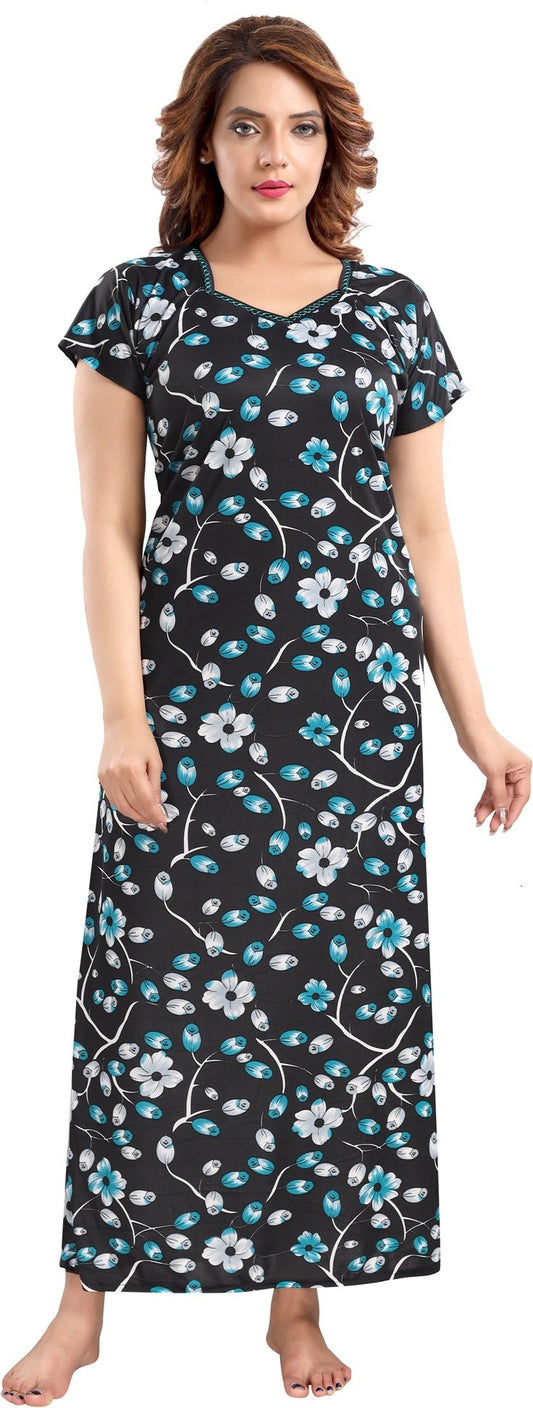 Fabme Women's Sea Green Printed Sarina Satin / Polyester Full Length EveryDay Night Dress Nighty