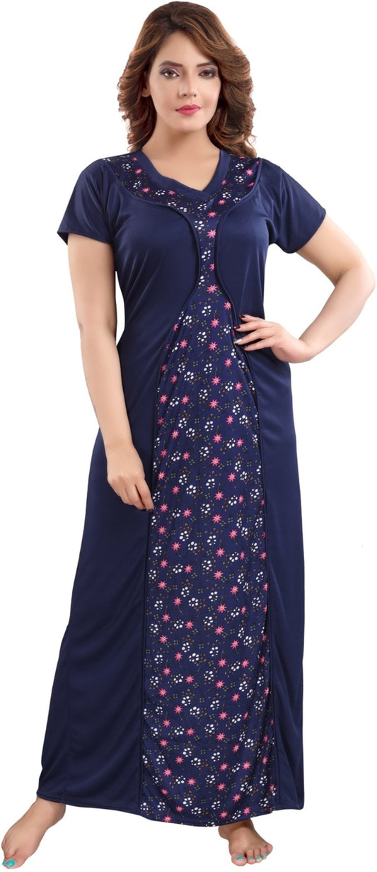 Fabme Women's Navy Blue Printed Sarina Satin / Polyester Full Length EveryDay Night Dress Nighty