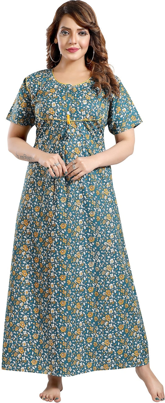 Fabme Women's Sea Green Printed Cotton Full Length EveryDay Night Dress Nighty