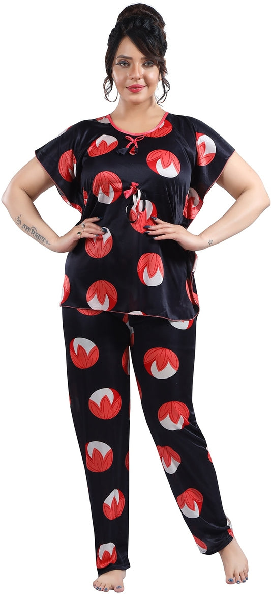 Fabme Women's Black Printed Satin EveryDay  Top and Pyjama Set