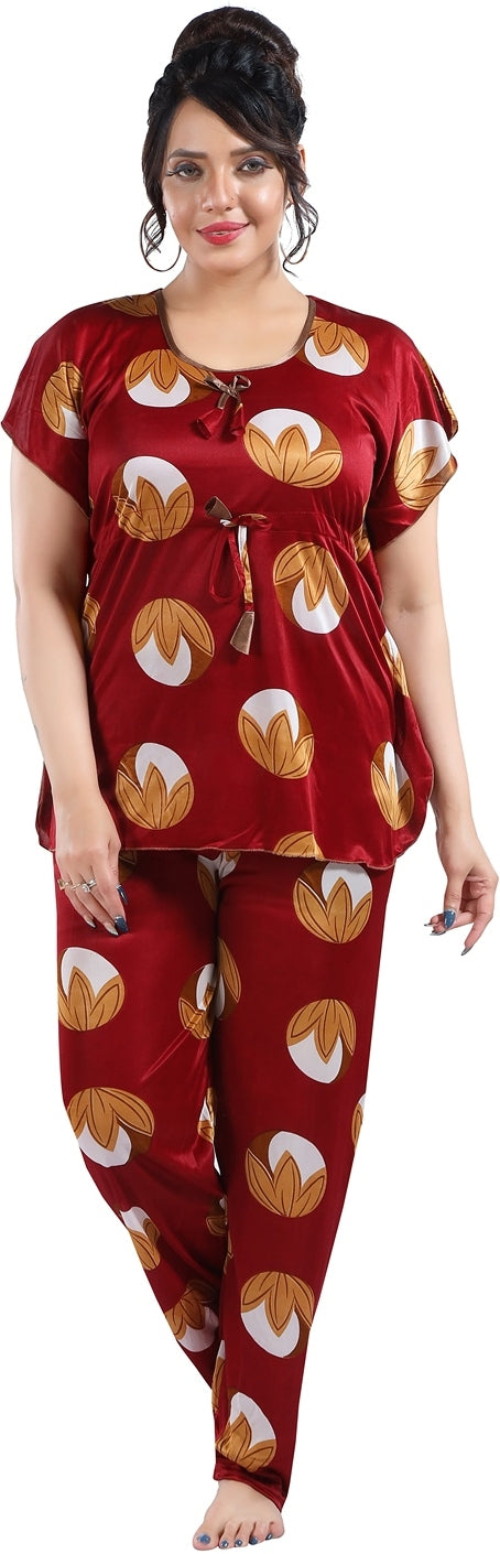 Fabme Women's Maroon Printed Satin EveryDay  Top and Pyjama Set