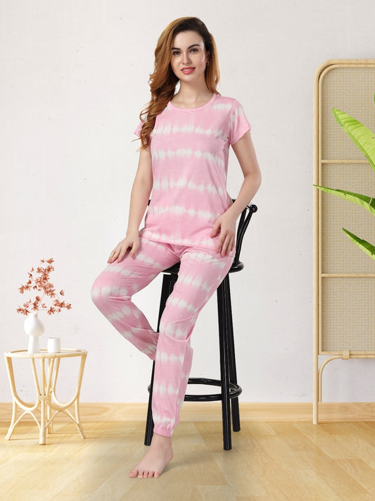 Fabme Women's Pink Printed Sinker Cotton EveryDay  Top and Pyjama Set