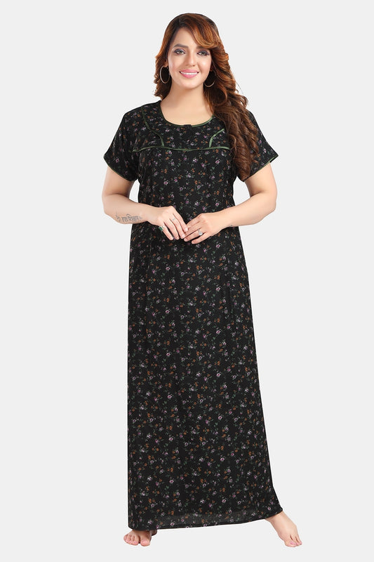 Fabme Women's Black Horizontal Zip Alpine Cotton Full Length Maternity Night Dress Nighty