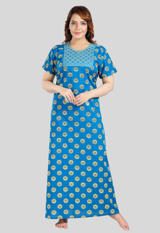 Fabme Women's Light Blue Mirror Work Cotton Full Length EveryDay Night Dress Nighty