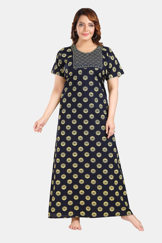 Fabme Women's Navy Blue Mirror Work Cotton Full Length EveryDay Night Dress Nighty