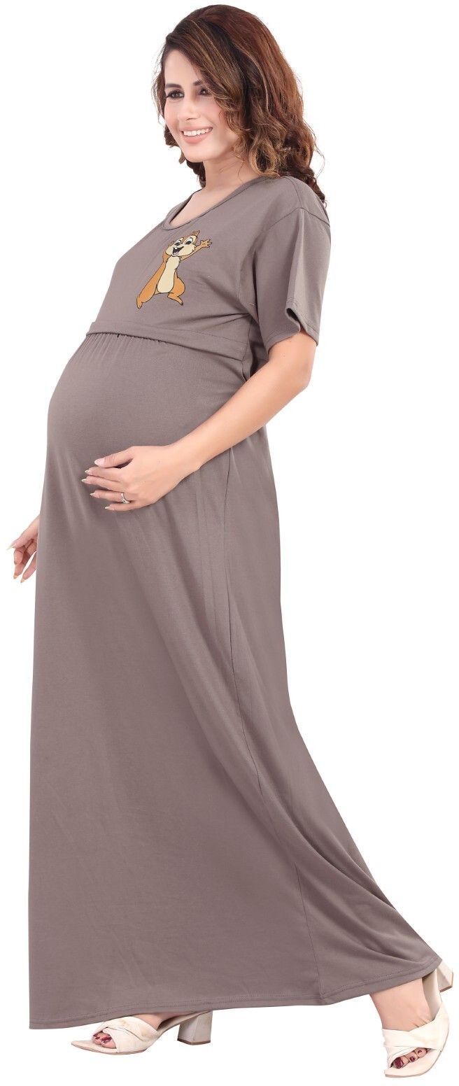Fabme Women's Full Length Printed Pre and Post Pregnancy Pure Cotton Nursing Nightdress Nighty - Coffee Brown
