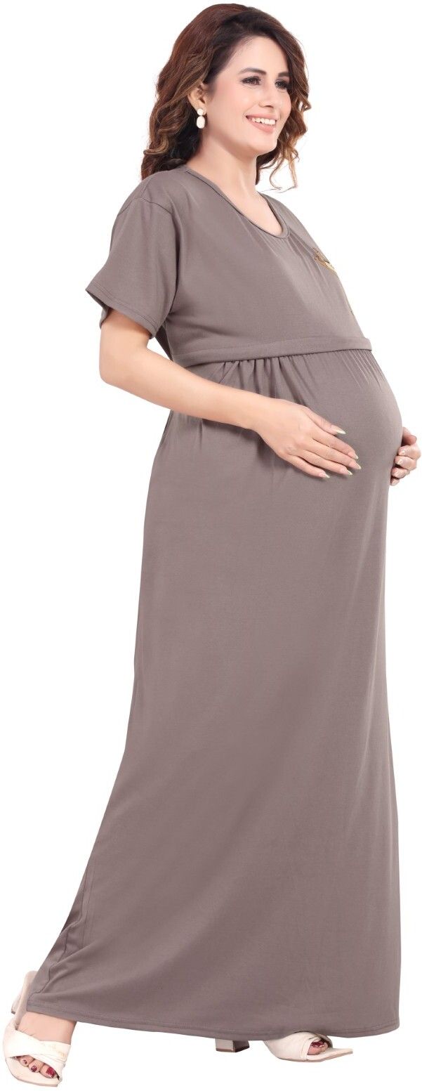 Fabme Women's Full Length Printed Pre and Post Pregnancy Pure Cotton Nursing Nightdress Nighty - Coffee Brown