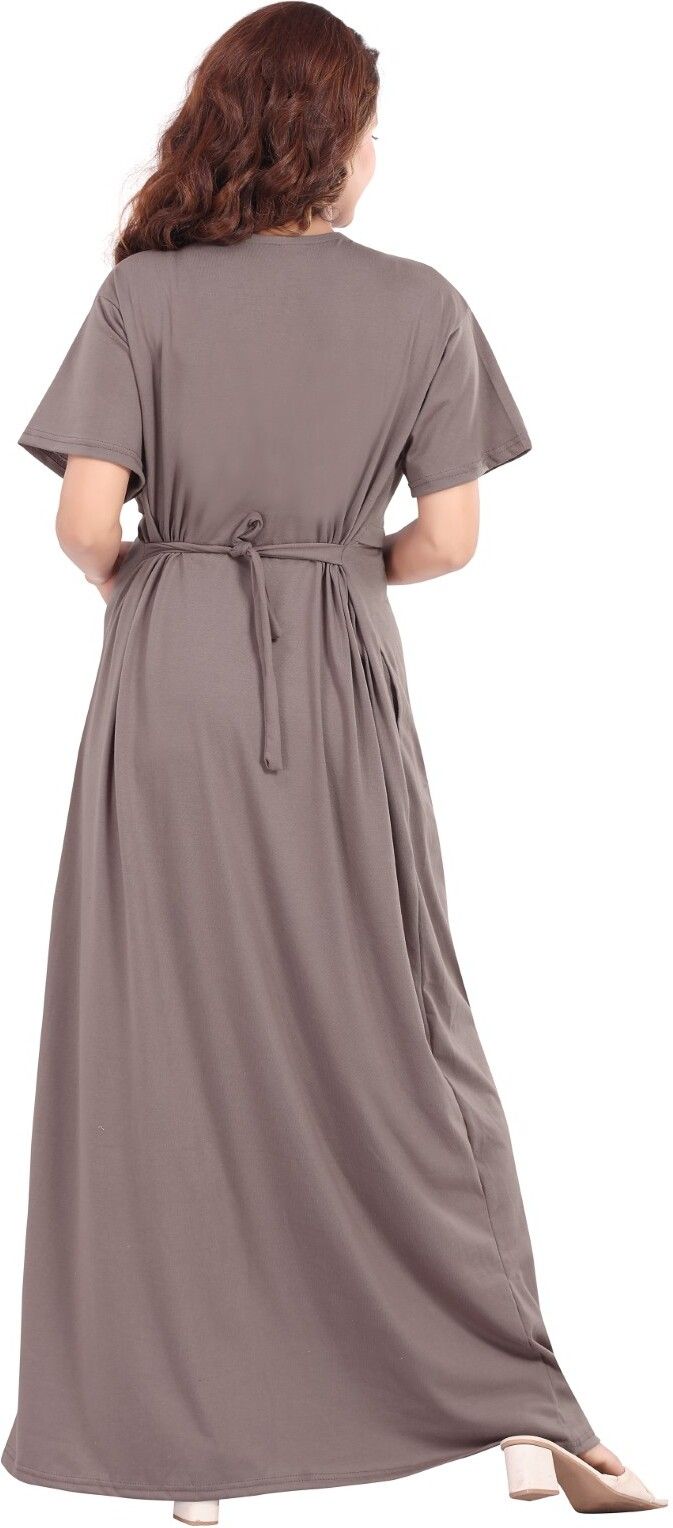 Fabme Women's Full Length Printed Pre and Post Pregnancy Pure Cotton Nursing Nightdress Nighty - Coffee Brown