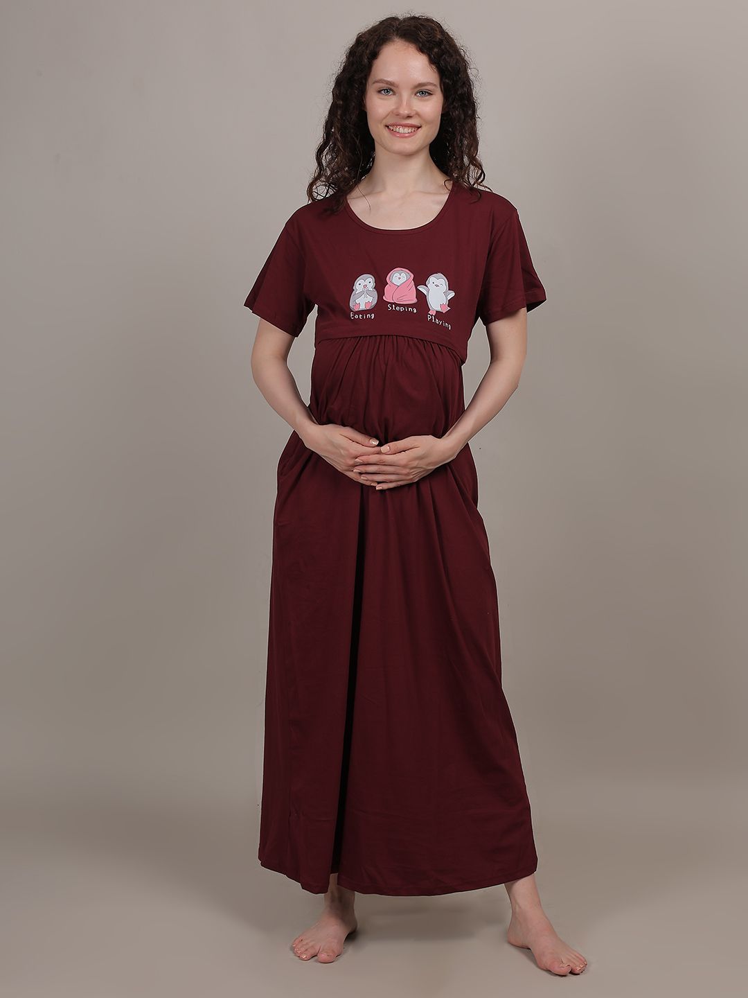 Fabme Women's Full Length Printed Pre and Post Pregnancy Pure Cotton Nursing Nightdress Nighty - Purple