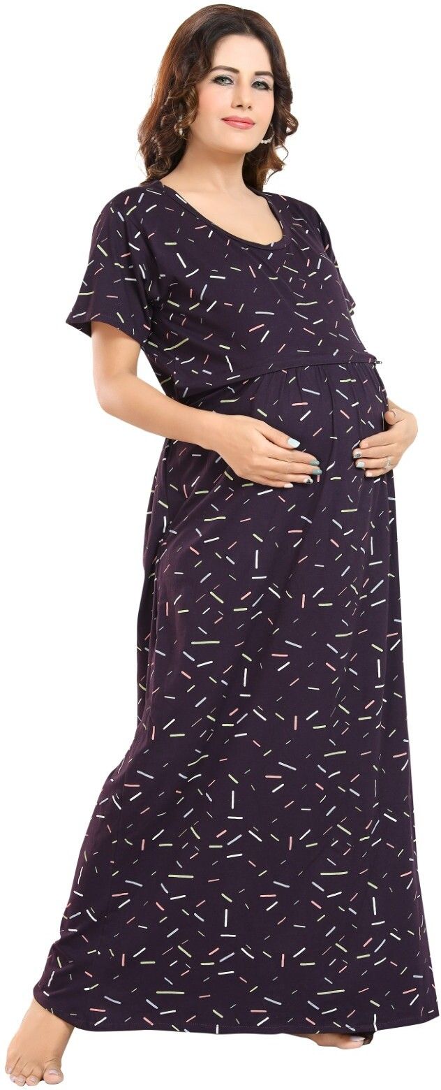 Fabme Women's Full Length Printed Pre and Post Pregnancy Pure Cotton Nursing Nightdress Nighty - Purple