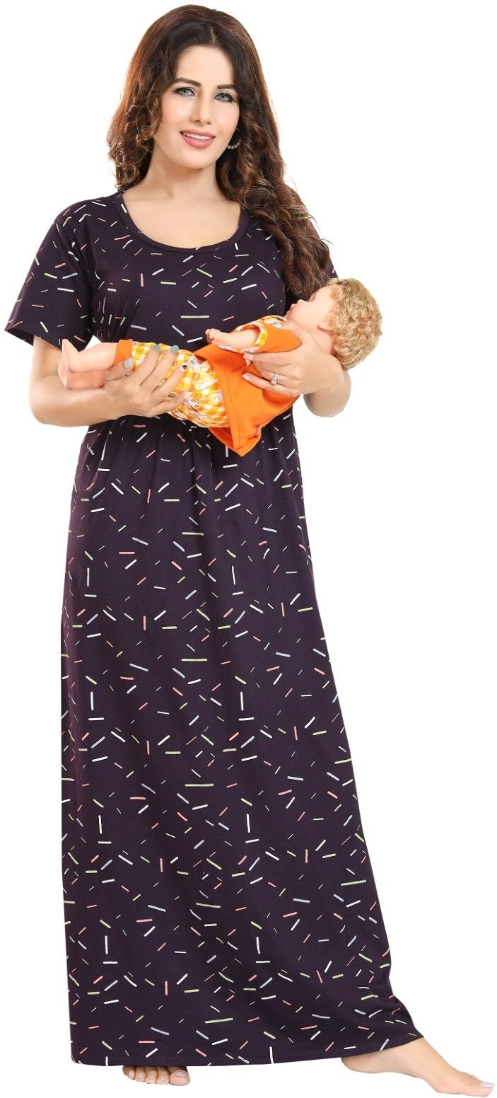 Fabme Women's Full Length Printed Pre and Post Pregnancy Pure Cotton Nursing Nightdress Nighty - Purple