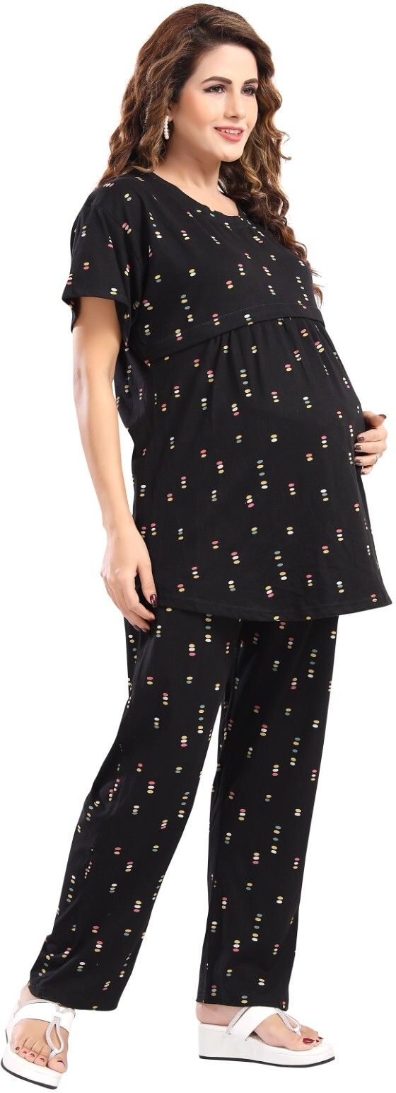 Fabme Pure Cotton Knit Half Sleeves Printed Night Suit - Black
