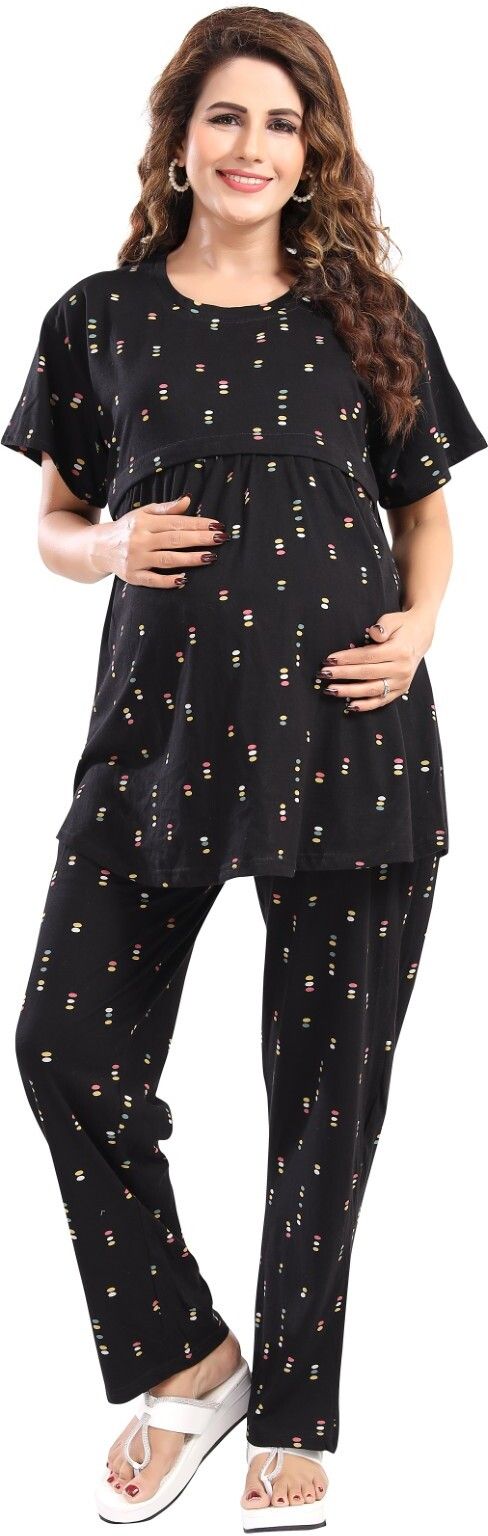 Fabme Pure Cotton Knit Half Sleeves Printed Night Suit - Black