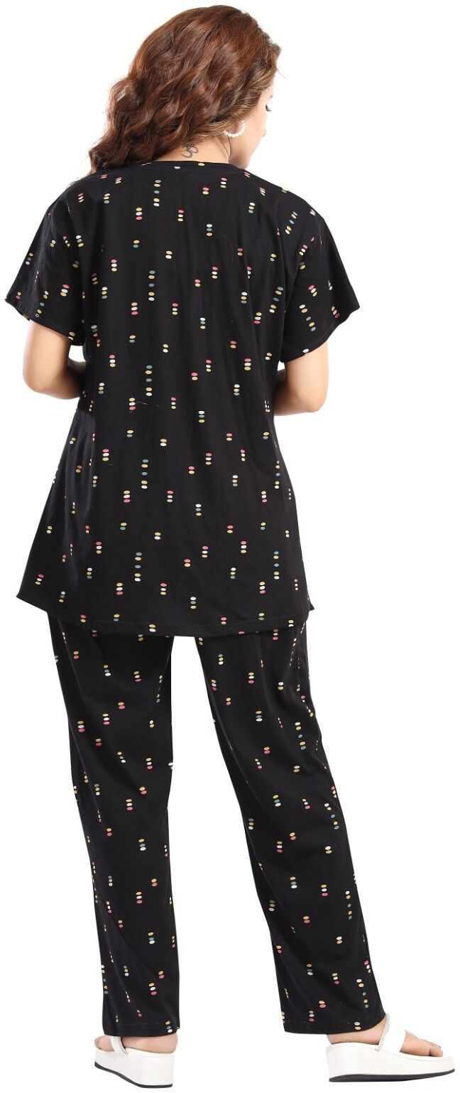 Fabme Pure Cotton Knit Half Sleeves Printed Night Suit - Black
