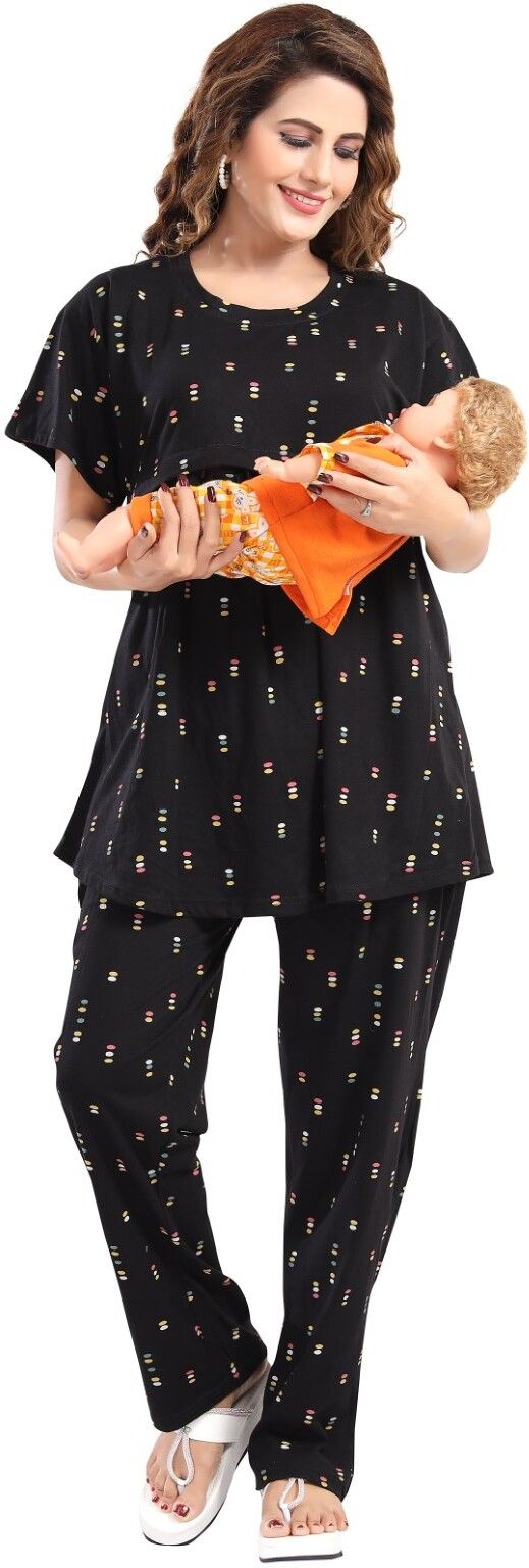 Fabme Pure Cotton Knit Half Sleeves Printed Night Suit - Black