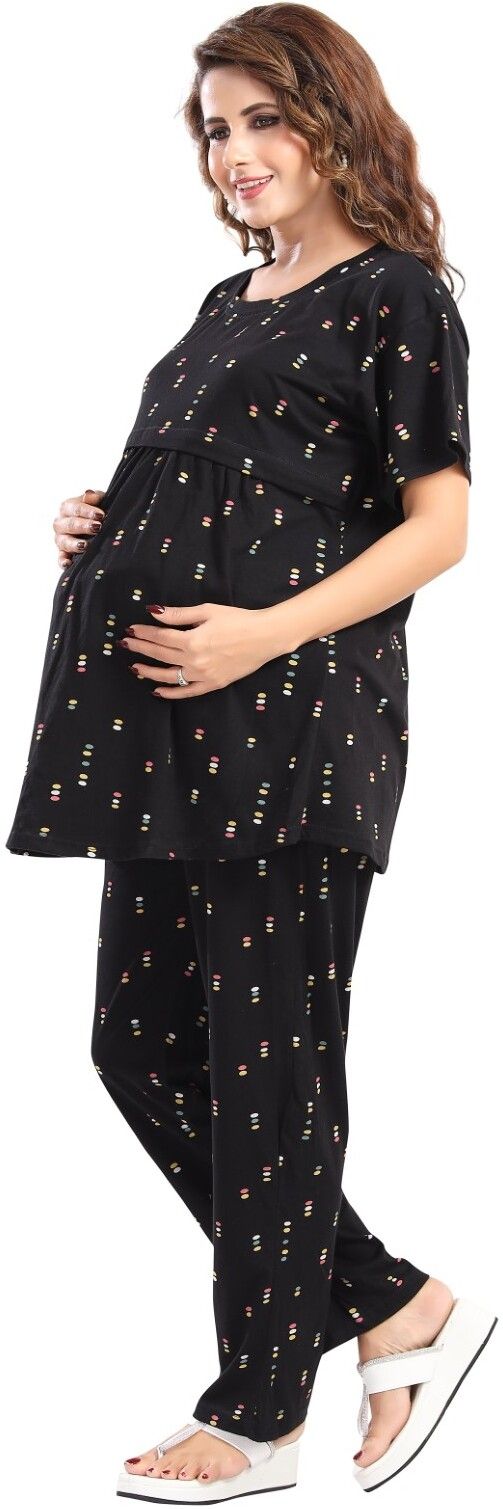 Fabme Pure Cotton Knit Half Sleeves Printed Night Suit - Black